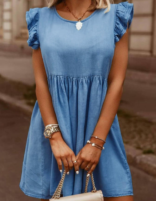 Load image into Gallery viewer, Full Size Ruffled Round Neck Cap Sleeve Denim Dress
