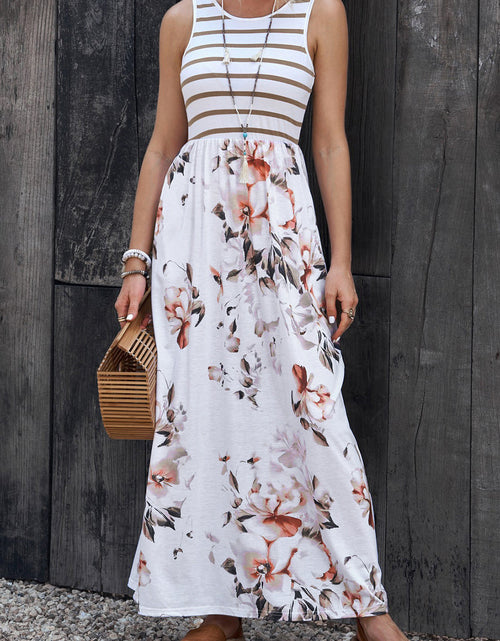 Load image into Gallery viewer, Striped Floral Round Neck Sleeveless Maxi Dress
