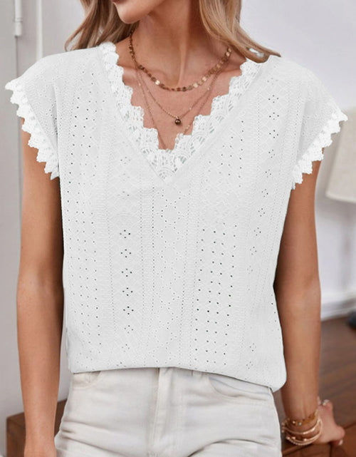 Load image into Gallery viewer, Shiny V-Neck Eyelet Short Sleeve Top

