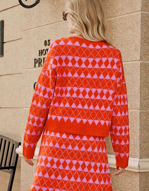 Load image into Gallery viewer, Geometric Dropped Shoulder Cardigan and Knit Skirt Set
