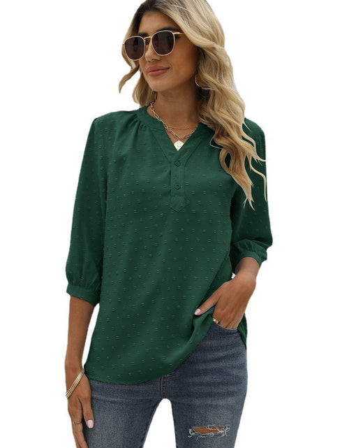 Load image into Gallery viewer, Swiss Dot Notched Neck Three-Quarter Sleeve Blouse
