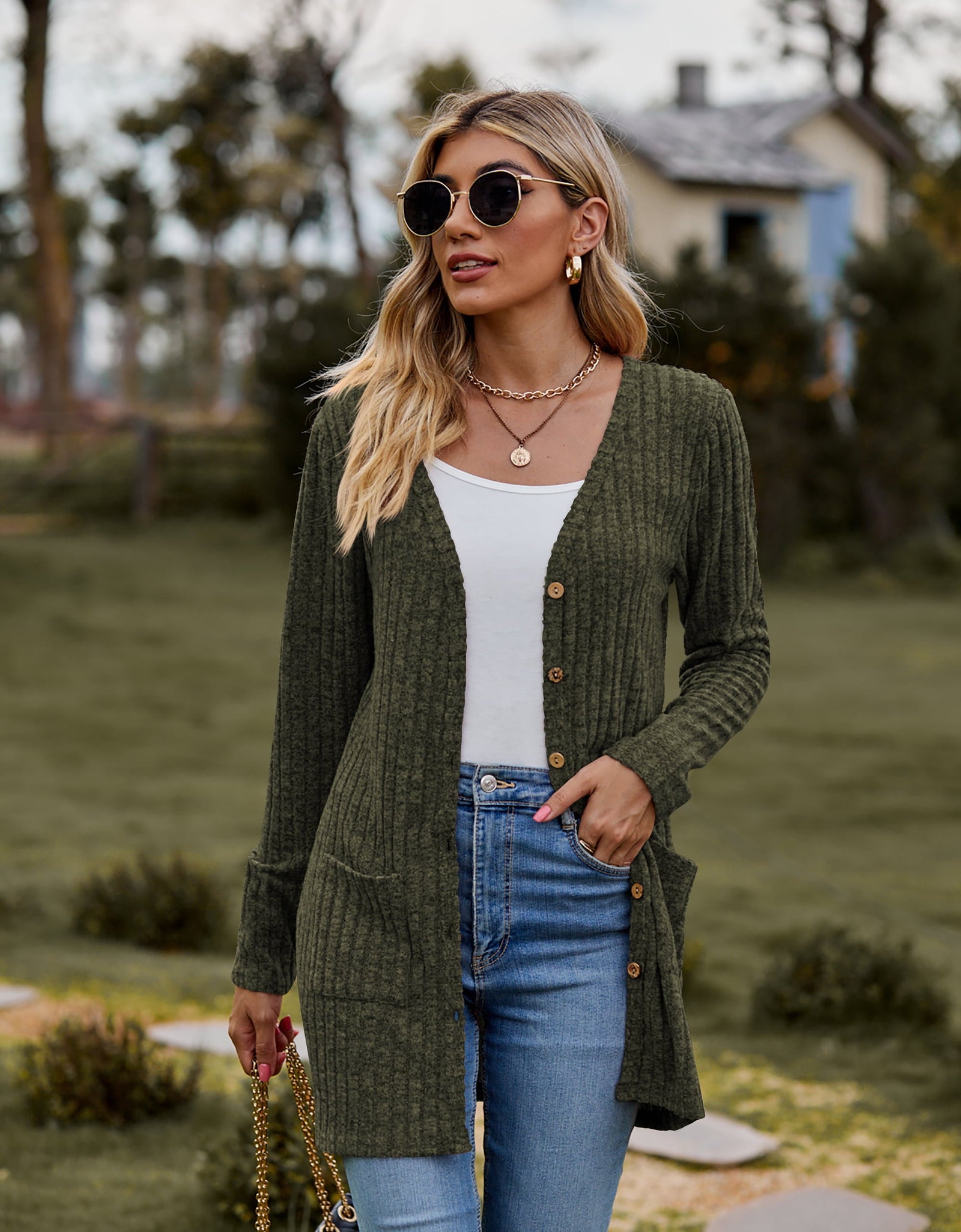 Ribbed Button-Up Cardigan with Pockets