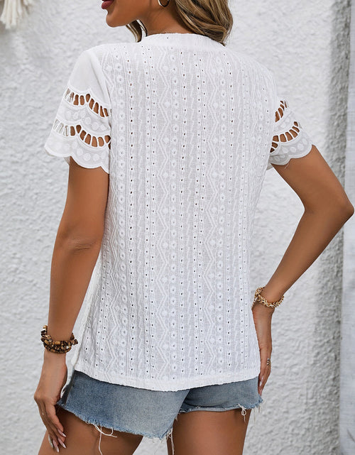 Load image into Gallery viewer, Full Size Eyelet Round Neck Short Sleeve Top
