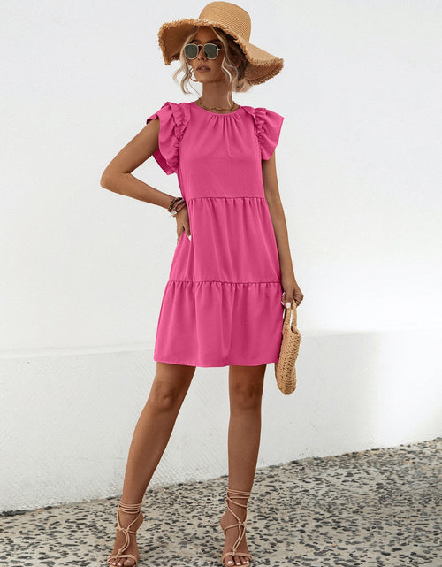 Load image into Gallery viewer, Ruffled Round Neck Cap Sleeve Mini Dress
