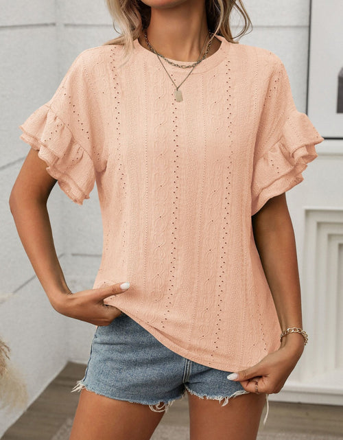 Load image into Gallery viewer, Eyelet Round Neck Flounce Sleeve Top
