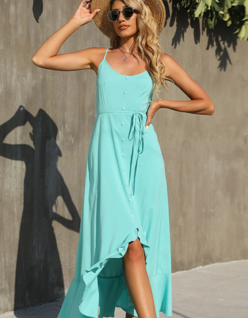 Load image into Gallery viewer, Shiny Decorative Button Spaghetti Strap Ruffle Hem Dress
