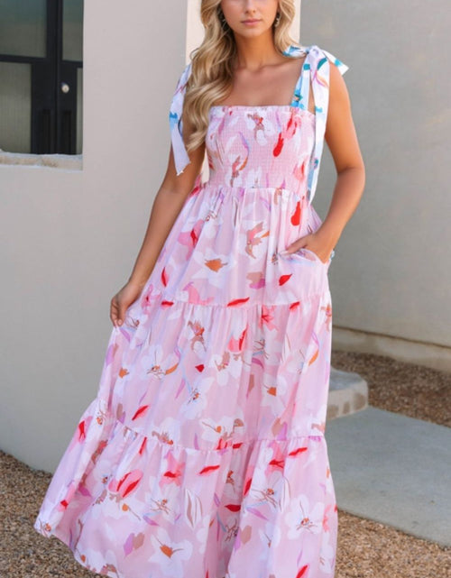 Load image into Gallery viewer, Floral Print Knotted Shoulder Smocked Maxi Dress
