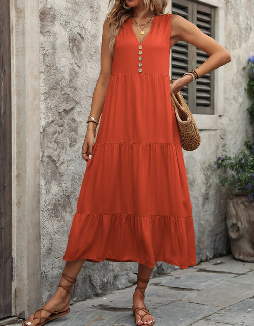 Load image into Gallery viewer, Ivy Lane Decorative Button Notched Sleeveless Dress
