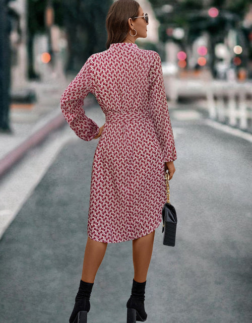 Load image into Gallery viewer, Printed Notched Tie Front Long Sleeve Dress
