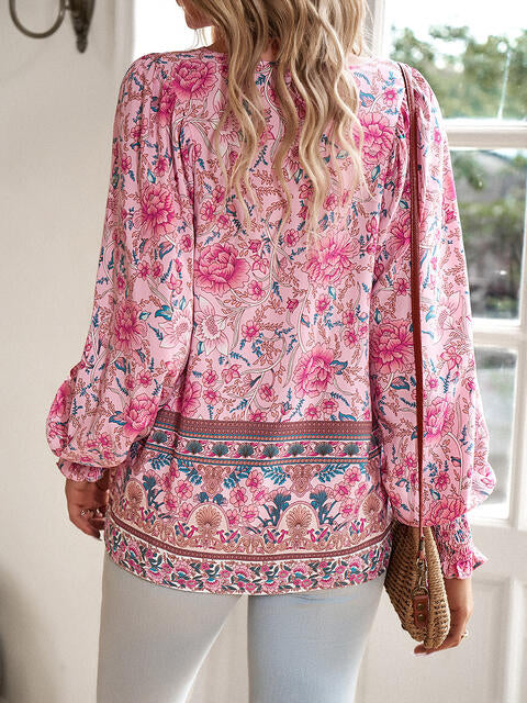 Load image into Gallery viewer, Bohemian Tie Neck Lantern Sleeve Blouse
