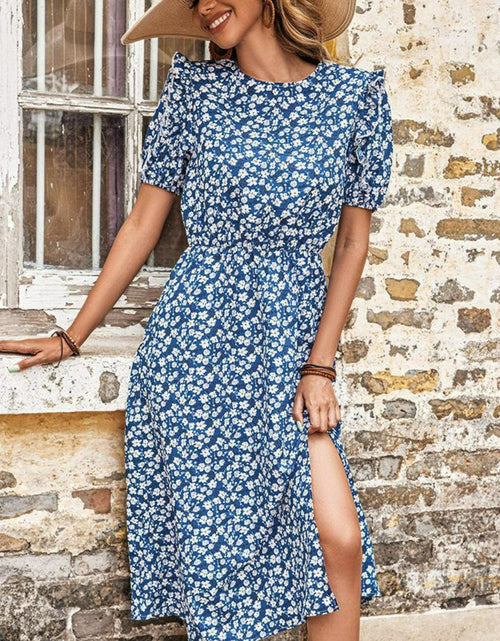 Load image into Gallery viewer, Perfee Floral Round Neck Split Midi Dress
