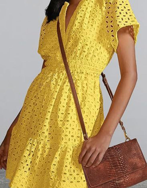 Load image into Gallery viewer, Eyelet Notched Short Sleeve Mini Dress
