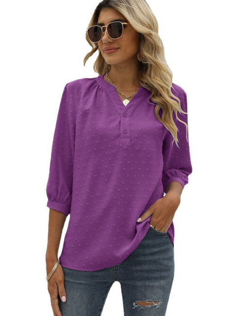 Load image into Gallery viewer, Swiss Dot Notched Neck Three-Quarter Sleeve Blouse
