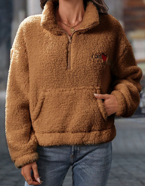 Load image into Gallery viewer, Heart Half Zip Long Sleeve Teddy Sweatshirt
