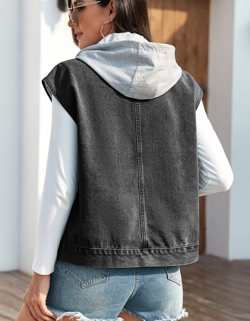 Load image into Gallery viewer, Drawstring Button Up Sleeveless Denim Jacket
