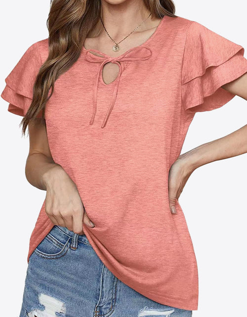 Load image into Gallery viewer, Tie-Neck Layered Flutter Sleeve Blouse
