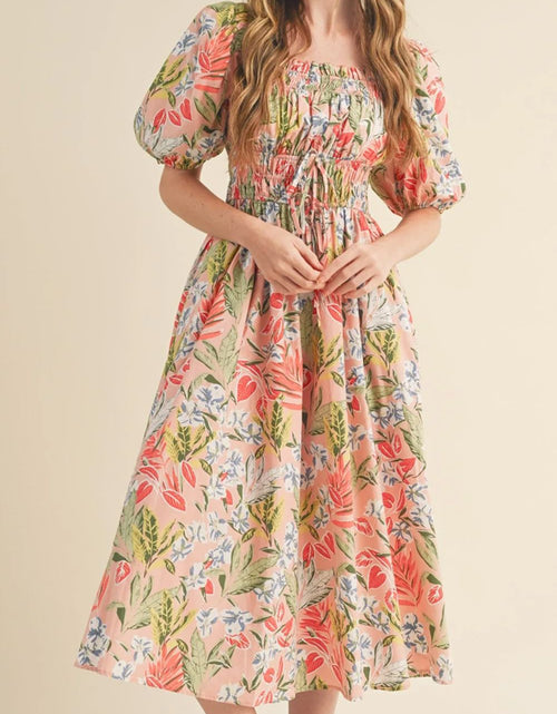 Load image into Gallery viewer, Floral Smocked Square Neck Puff Short Sleeve Midi Dress
