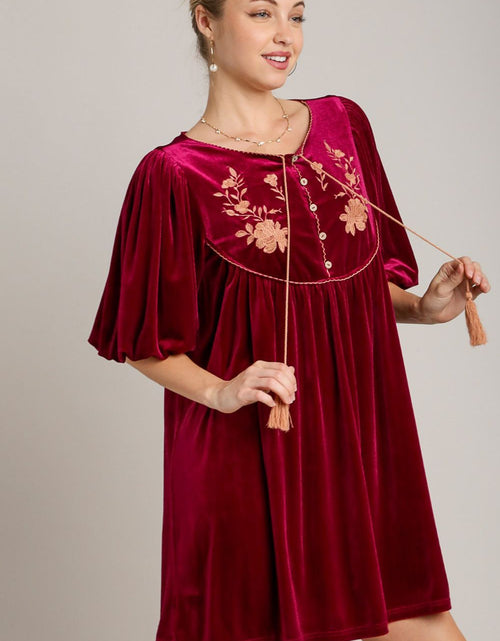 Load image into Gallery viewer, Umgee Embroidered Half Sleeve Velvet Mini Dress with Tassel
