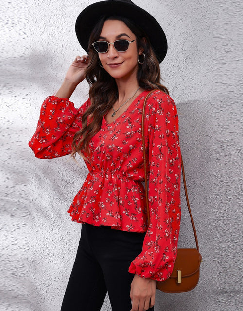 Load image into Gallery viewer, Floral V-Neck Balloon Sleeve Peplum Blouse
