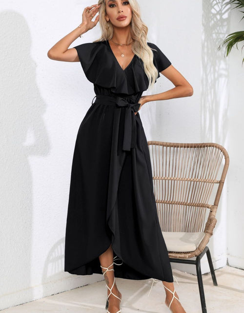Load image into Gallery viewer, Tied Front Ruffled Short Sleeve Midi Dress

