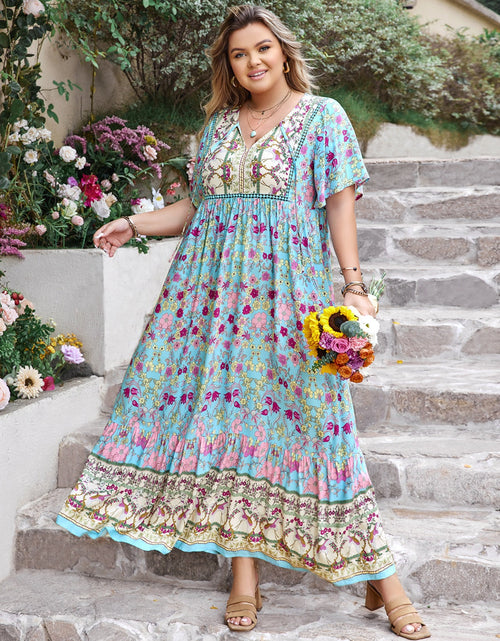 Load image into Gallery viewer, Plus Size Printed Tie Neck Flutter Sleeve Maxi Dress
