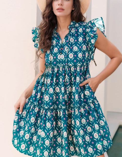 Load image into Gallery viewer, Printed Tie Neck Ruffled Cap Sleeve Dress

