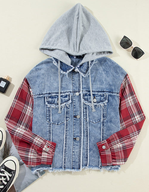 Load image into Gallery viewer, Raw Hem Drawstring Plaid Denim Jacket
