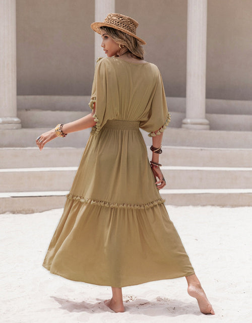 Load image into Gallery viewer, Tassel Trim Smocked V-Neck Short Sleeve Dress
