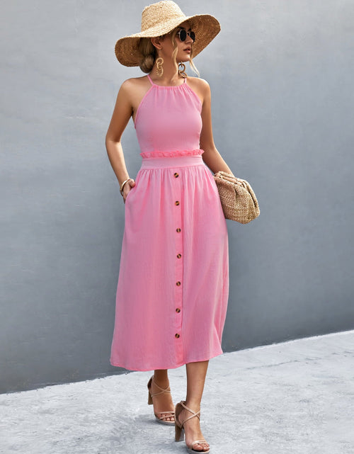 Load image into Gallery viewer, Buttoned Halter Neck Frill Trim Midi Dress
