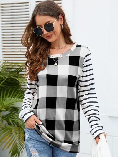 Load image into Gallery viewer, Plaid Striped Round Neck Long Sleeve T-Shirt
