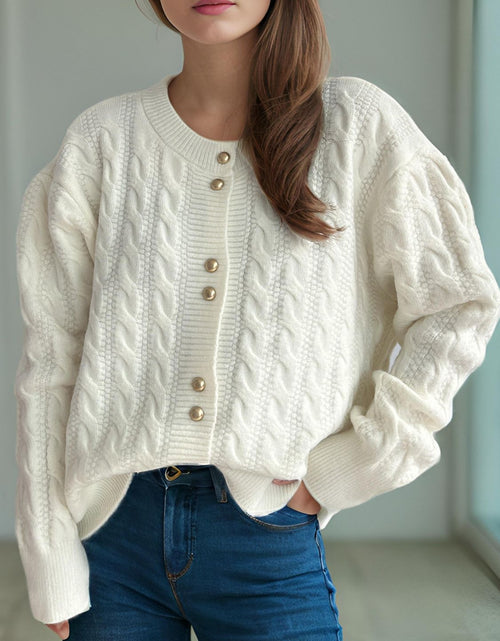 Load image into Gallery viewer, Cable-Knit Round Neck Long Sleeve Cardigan
