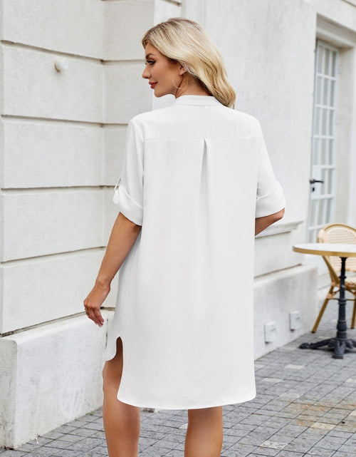 Load image into Gallery viewer, Notched Long Sleeve Mini Shirt Dress
