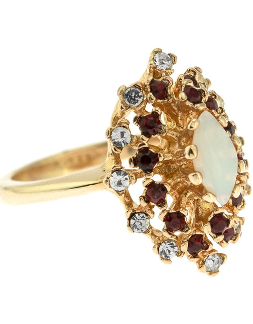 Load image into Gallery viewer, Vintage Ring Genuine Opal with Clear and Ruby Austrian Crystals 18kt Yellow Gold Electroplated by PVD Vintage Jewelry
