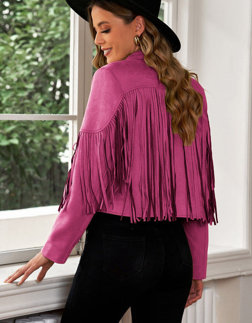 Load image into Gallery viewer, Fringe Trim Lapel Collar Cropped Blazer
