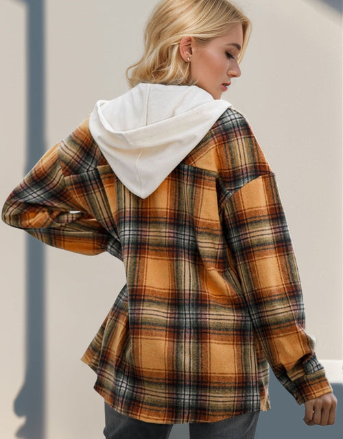 Load image into Gallery viewer, Double Take Drawstring Plaid Long Sleeve Hooded Shacket
