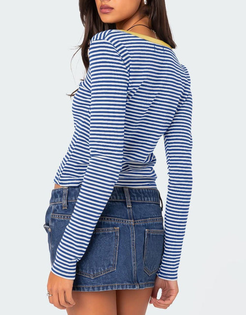 Load image into Gallery viewer, Buttoned Striped Long Sleeve T-Shirt
