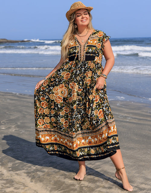Load image into Gallery viewer, Plus Size Printed V-Neck Ruffle Cap Sleeve Maxi Dress
