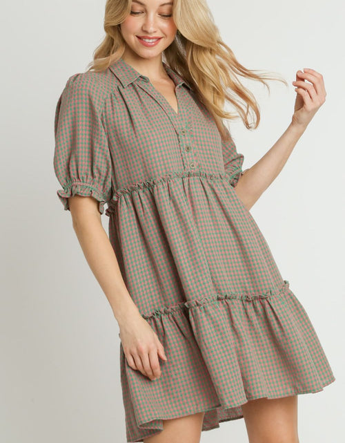 Load image into Gallery viewer, Umgee Full Size Plaid Frill Button Detail Ruffled Short Sleeve Dress Plus Size
