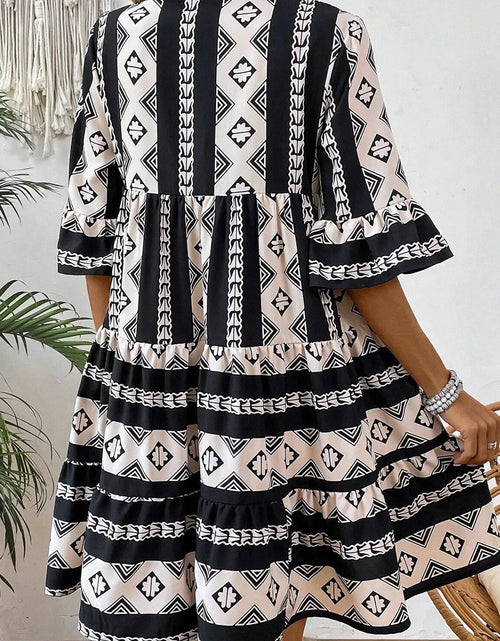 Load image into Gallery viewer, Tiered Printed Notched Half Sleeve Dress
