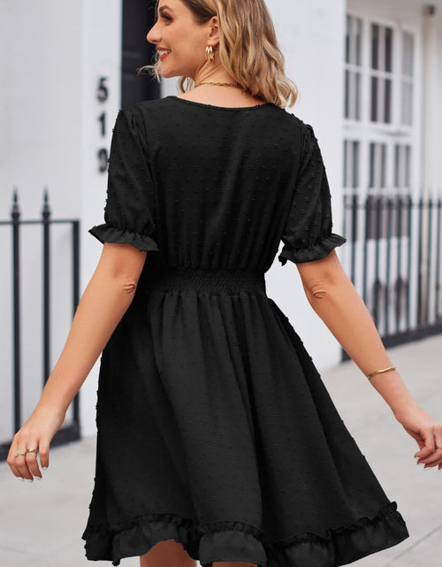 Load image into Gallery viewer, Swiss Dot Frill Trim Flounce Sleeve V-Neck Dress
