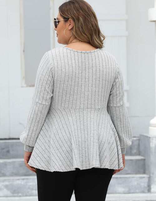 Load image into Gallery viewer, Plus Size Ribbed V-Neck Long Sleeve Blouse
