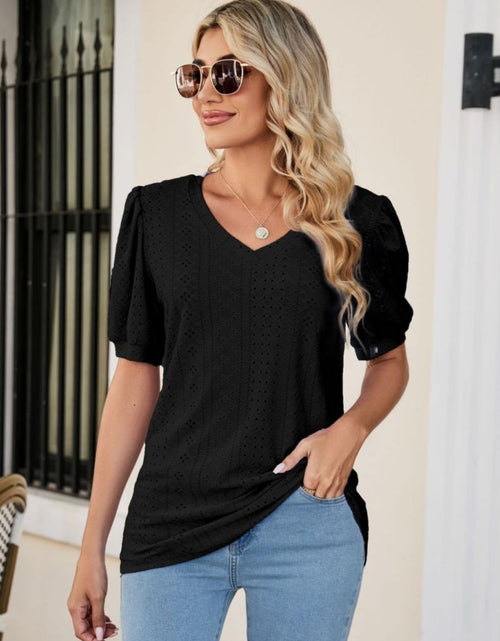 Load image into Gallery viewer, Eyelet Puff Sleeve V-Neck Top
