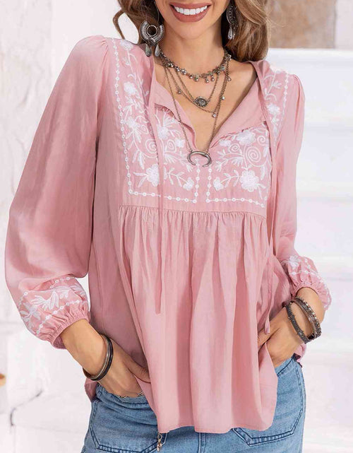 Load image into Gallery viewer, Floral Tie Neck Balloon Sleeve Blouse
