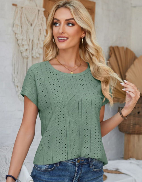 Load image into Gallery viewer, Eyelet Round Neck Rolled Short Sleeve T-Shirt
