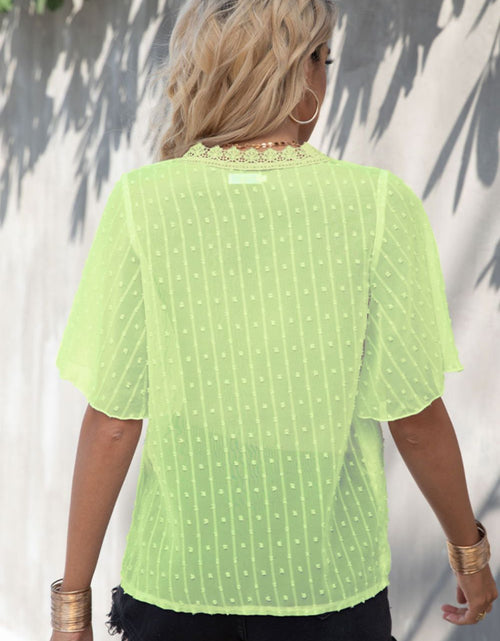 Load image into Gallery viewer, Shiny Swiss Dot Lace Trim Flutter Sleeve V-Neck Blouse
