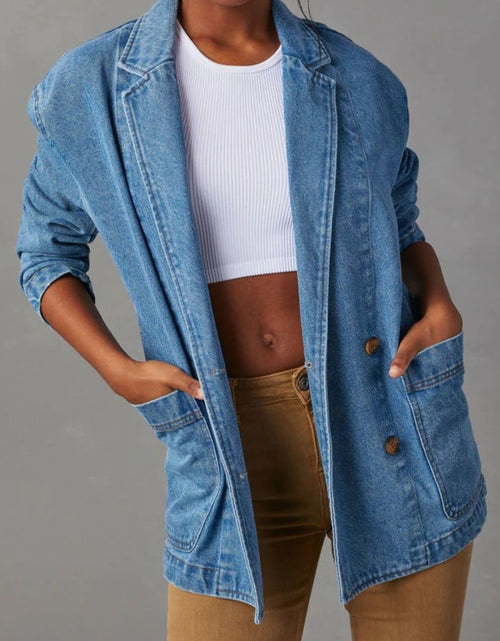 Load image into Gallery viewer, Pocketed Lapel Collar Long Sleeve Denim Jacket
