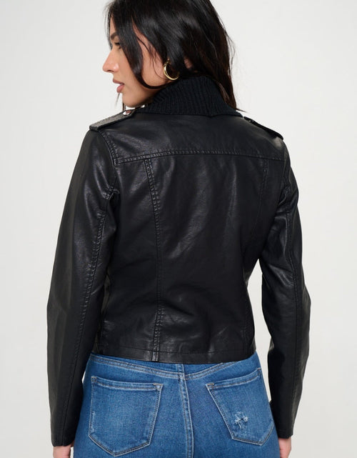 Load image into Gallery viewer, Coalition LA Knit Collared Faux Leather Crop Jacket

