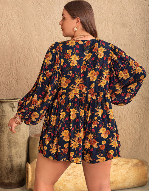 Load image into Gallery viewer, Plus Size Floral Tie Neck Balloon Sleeve Romper
