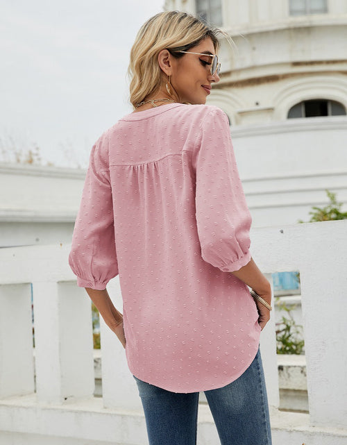 Load image into Gallery viewer, Swiss Dot Notched Neck Three-Quarter Sleeve Blouse

