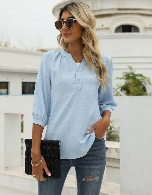 Load image into Gallery viewer, Swiss Dot Notched Neck Three-Quarter Sleeve Blouse
